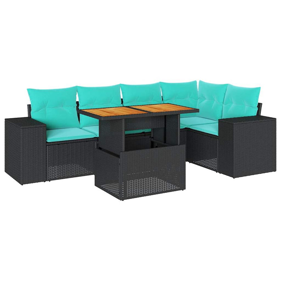 6-delige Loungeset met kussens poly rattan zwart
