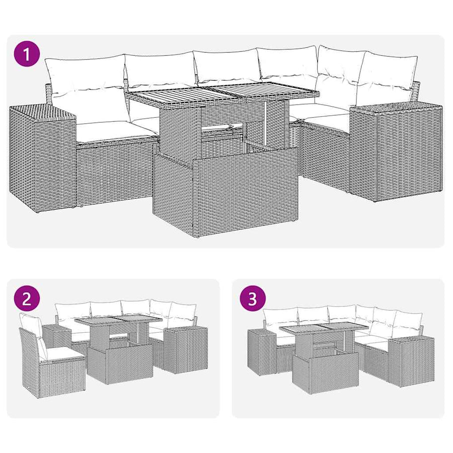 6-delige Loungeset met kussens poly rattan zwart