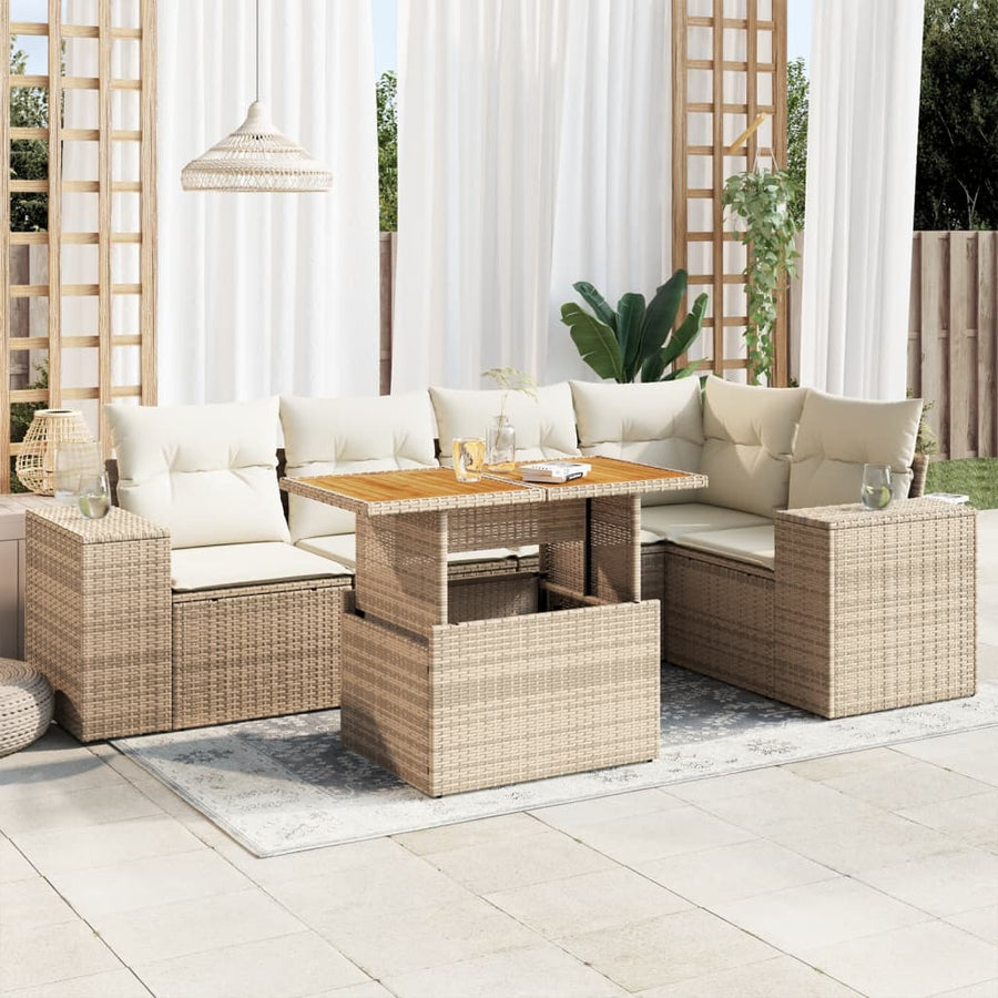6-delige Loungeset met kussens poly rattan beige