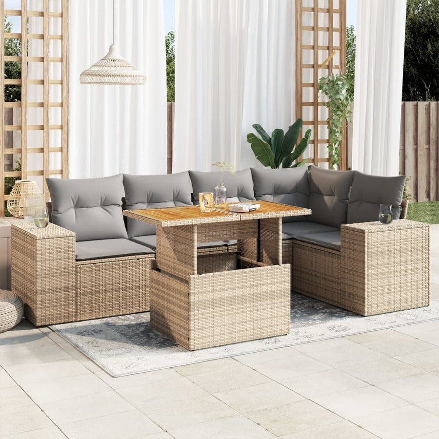 6-delige Loungeset met kussens poly rattan beige
