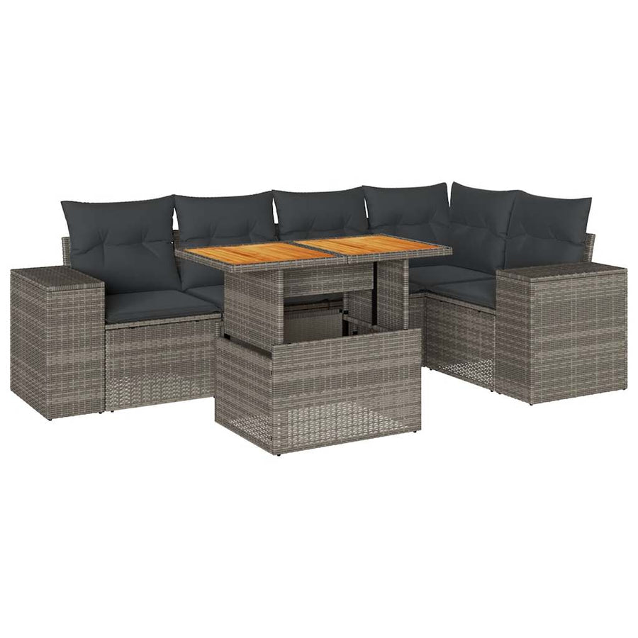 6-delige Loungeset met kussens poly rattan grijs