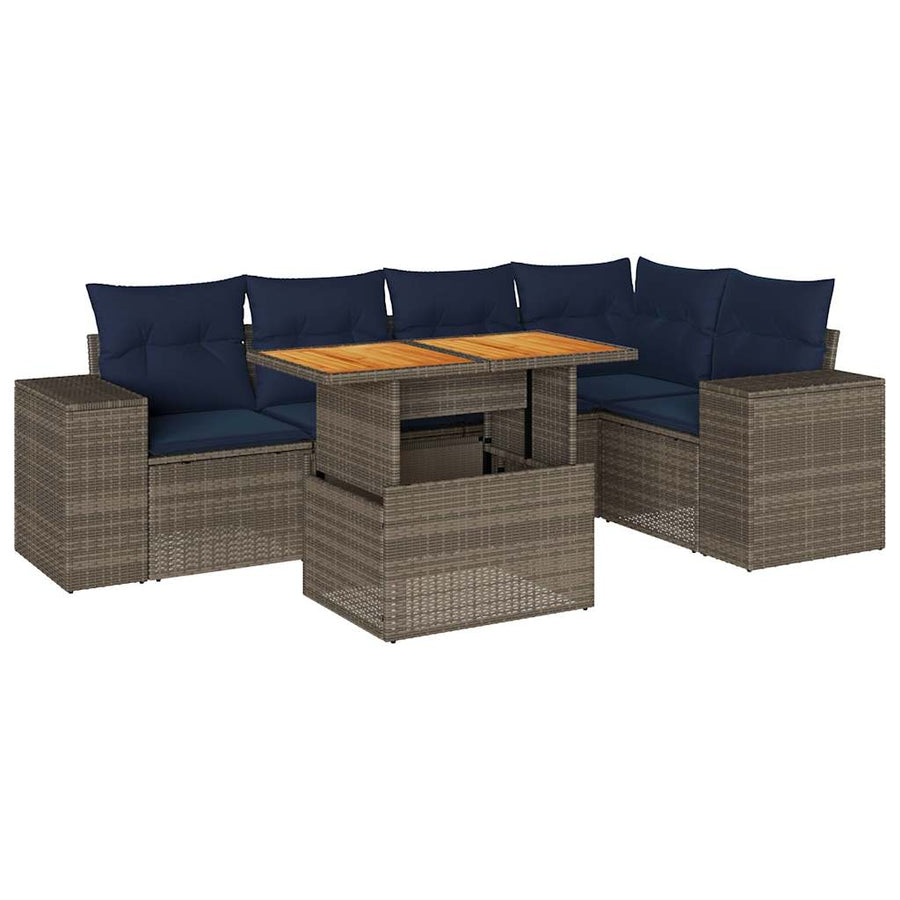 6-delige Loungeset met kussens poly rattan grijs