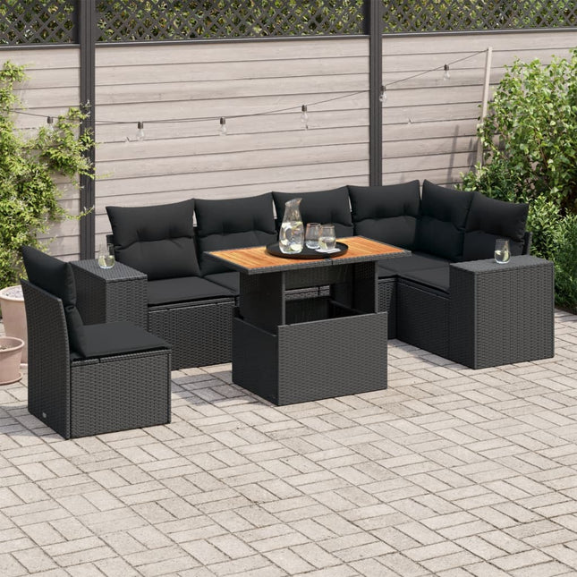 7-delige Loungeset met kussens poly rattan zwart