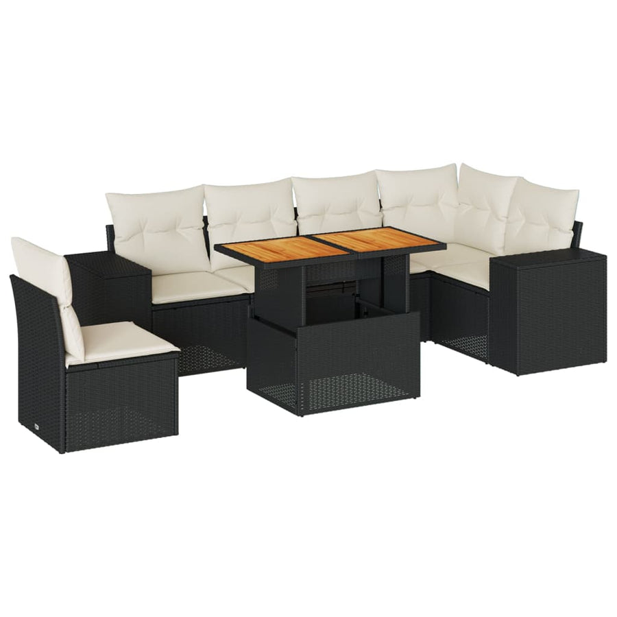7-delige Loungeset met kussens poly rattan zwart