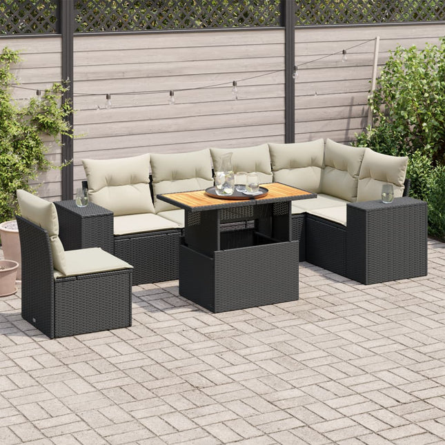 7-delige Loungeset met kussens poly rattan zwart