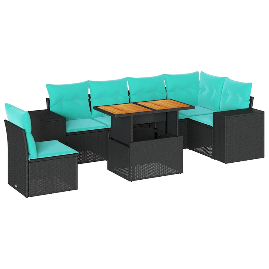 7-delige Loungeset met kussens poly rattan zwart