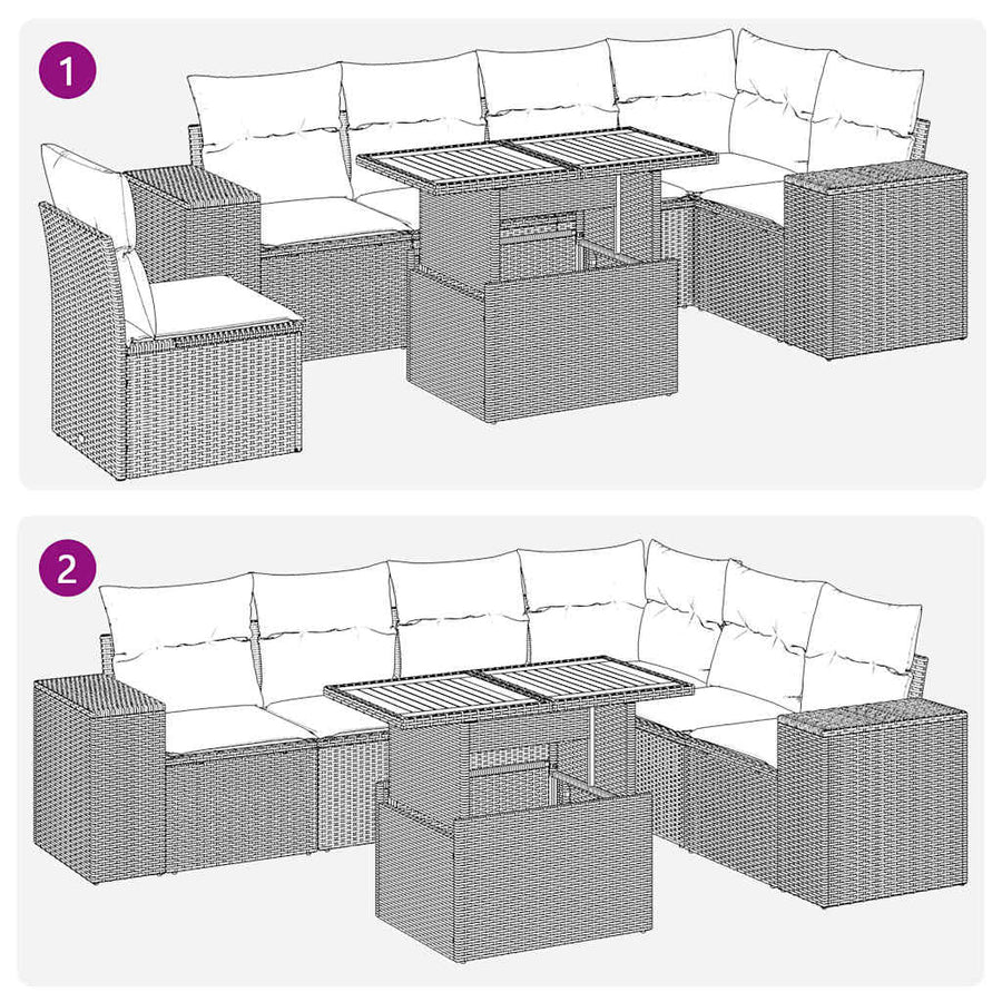 7-delige Loungeset met kussens poly rattan zwart