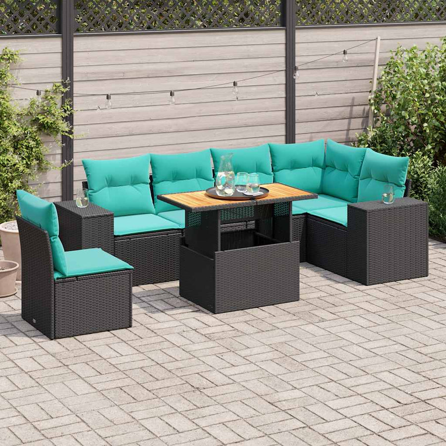 7-delige Loungeset met kussens poly rattan zwart
