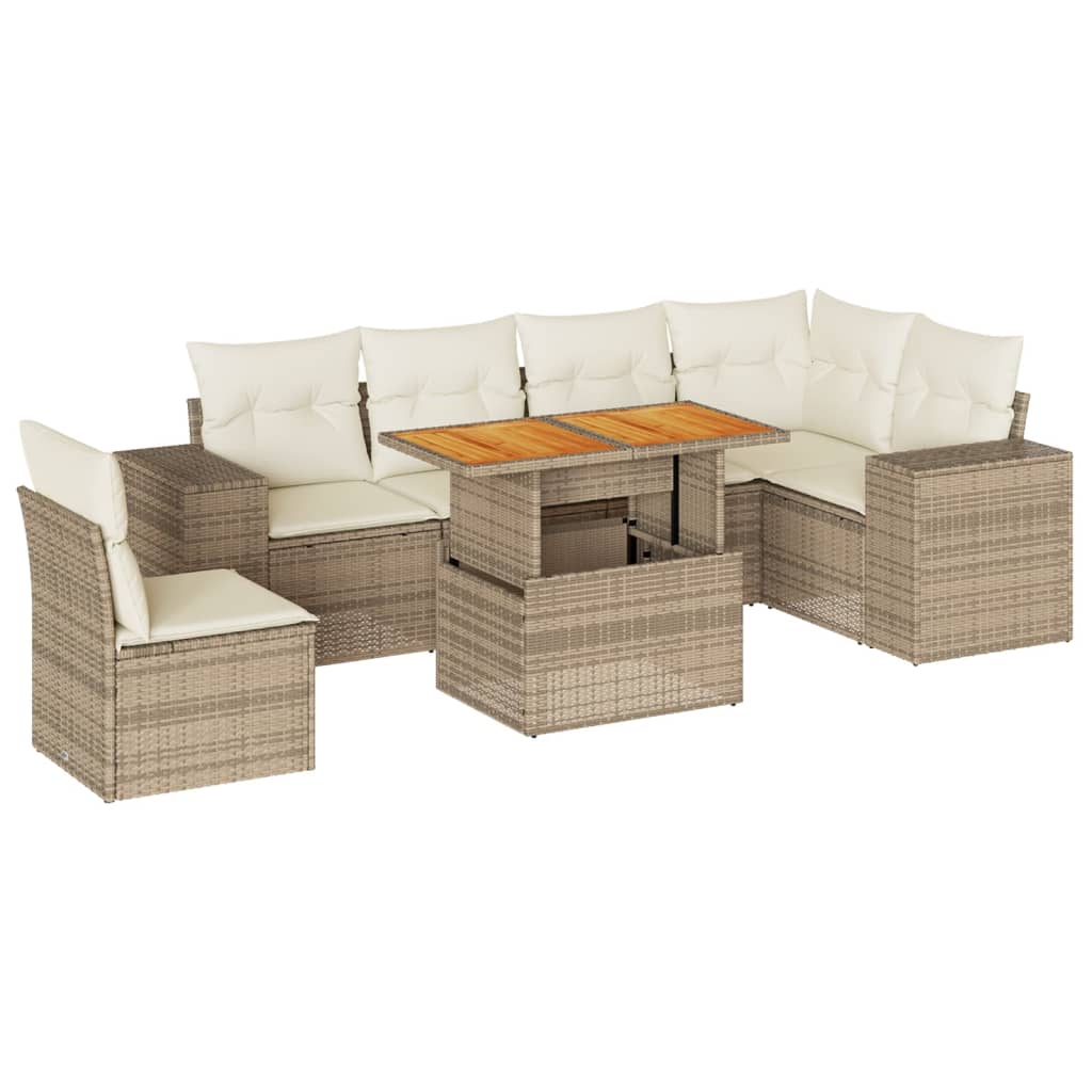 7-delige Loungeset met kussens poly rattan beige