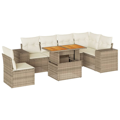 7-delige Loungeset met kussens poly rattan beige