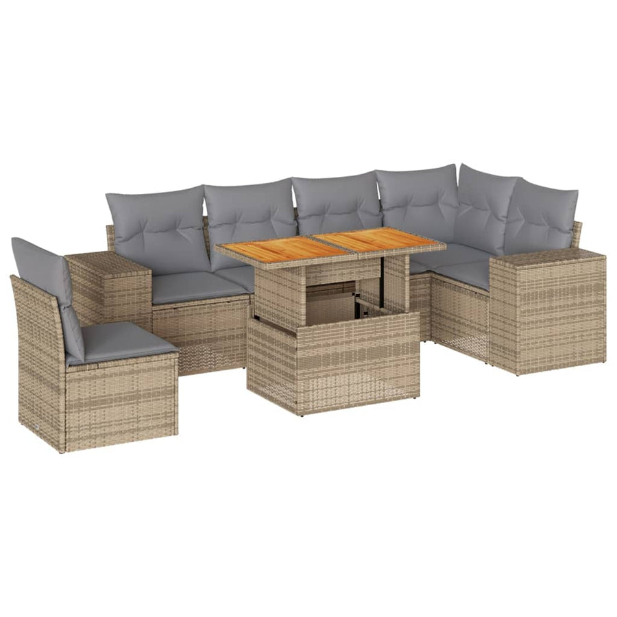 7-delige Loungeset met kussens poly rattan beige