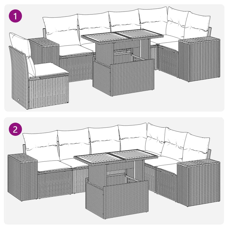 7-delige Loungeset met kussens poly rattan beige