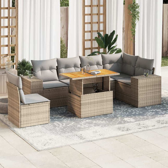 7-delige Loungeset met kussens poly rattan beige