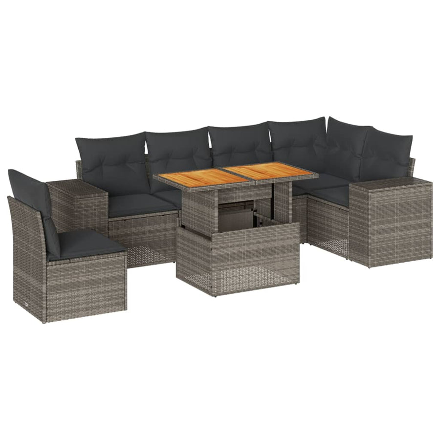 7-delige Loungeset met kussens poly rattan grijs