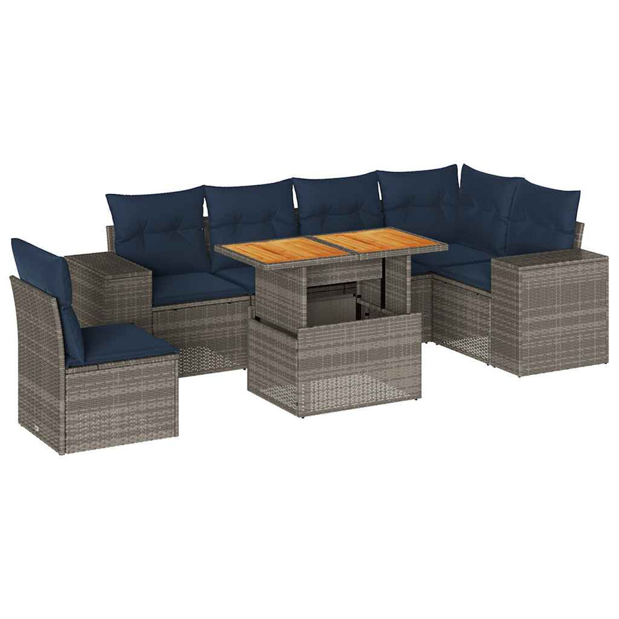 7-delige Loungeset met kussens poly rattan grijs