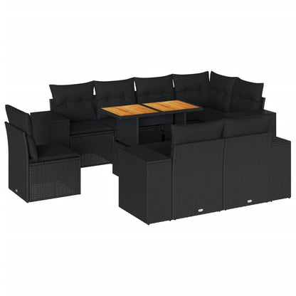 9-delige Loungeset met kussens poly rattan zwart