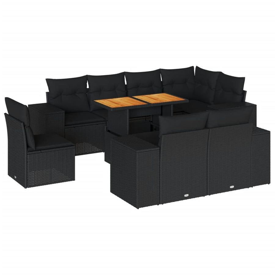 9-delige Loungeset met kussens poly rattan zwart