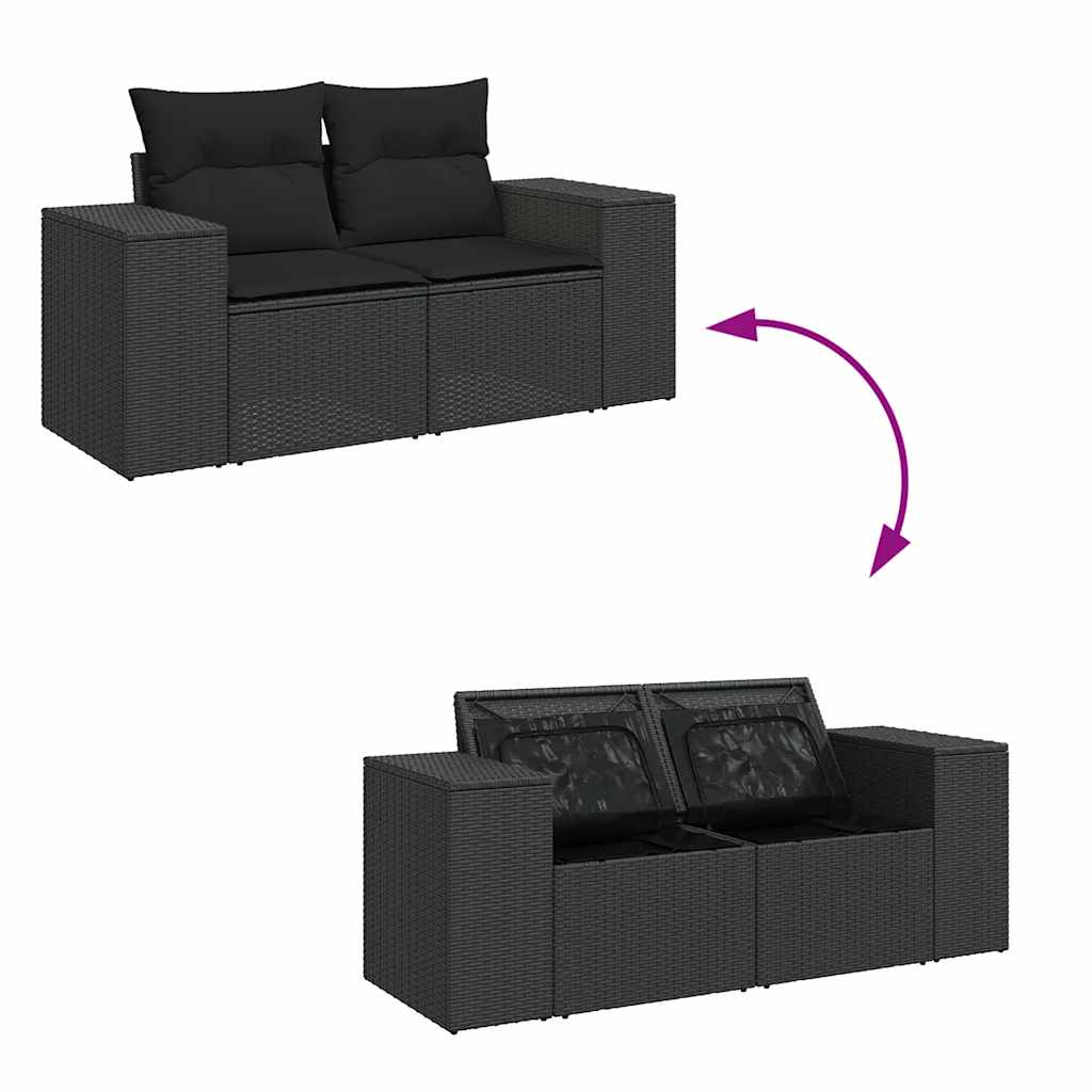 9-delige Loungeset met kussens poly rattan zwart