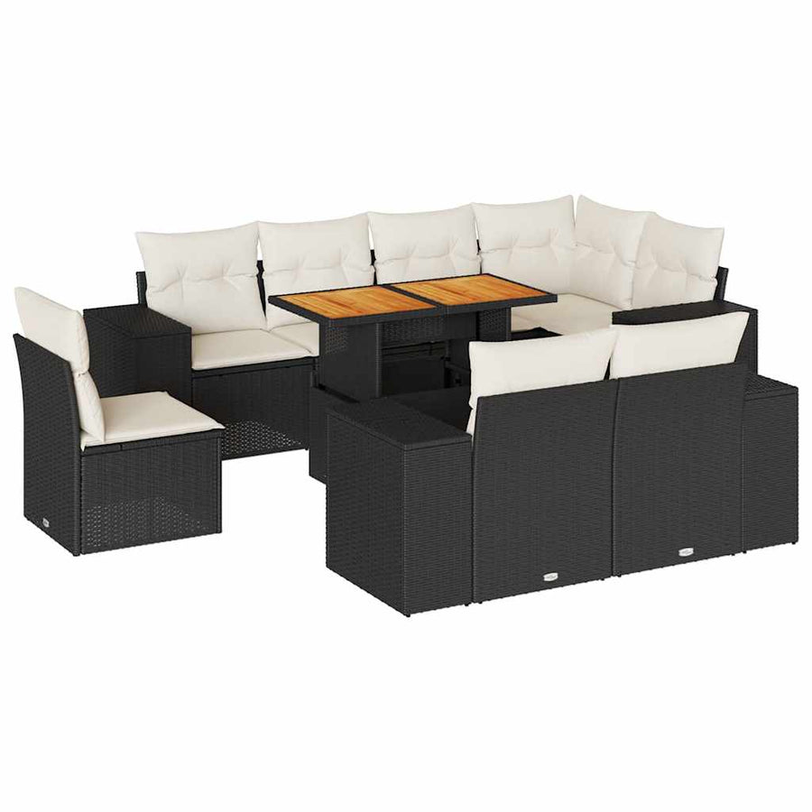 9-delige Loungeset met kussens poly rattan zwart