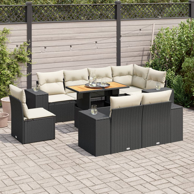 9-delige Loungeset met kussens poly rattan zwart