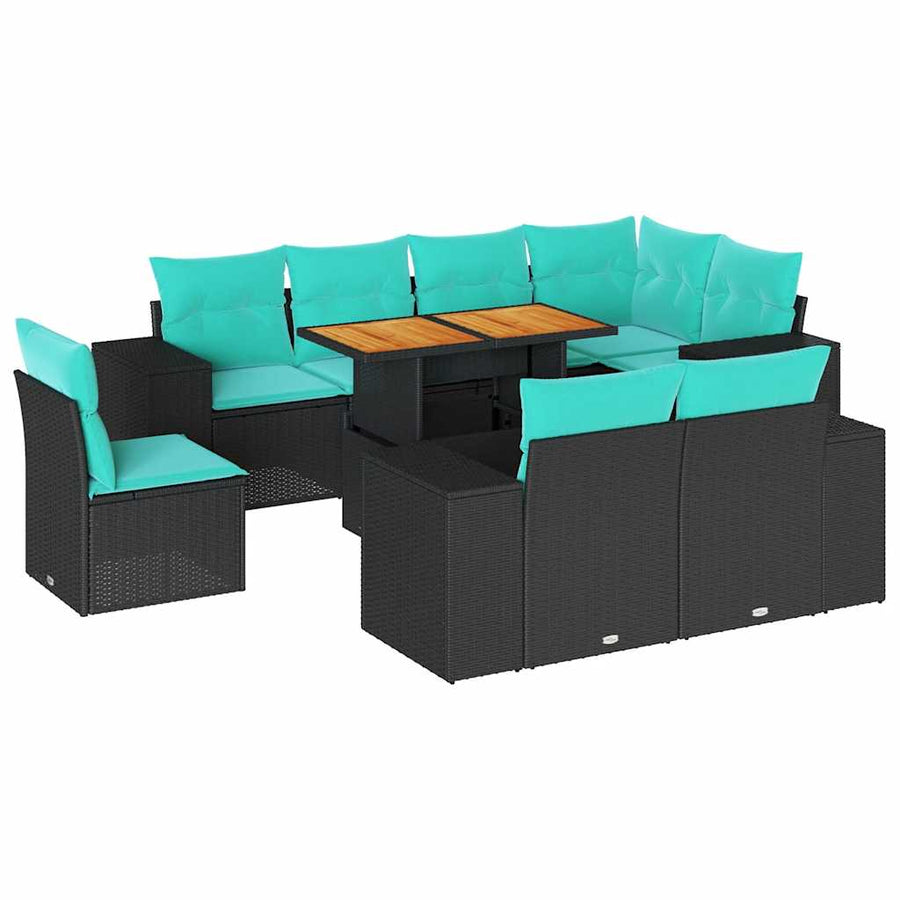 9-delige Loungeset met kussens poly rattan zwart