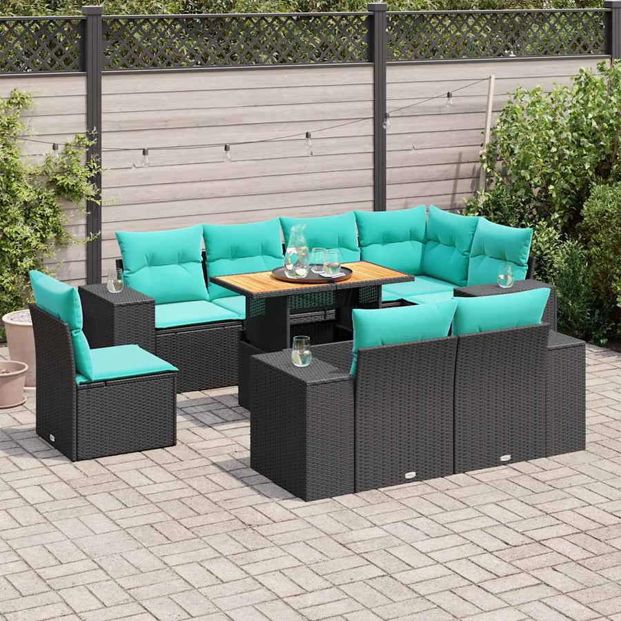 9-delige Loungeset met kussens poly rattan zwart