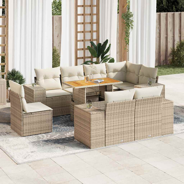 9-delige Loungeset met kussens poly rattan beige