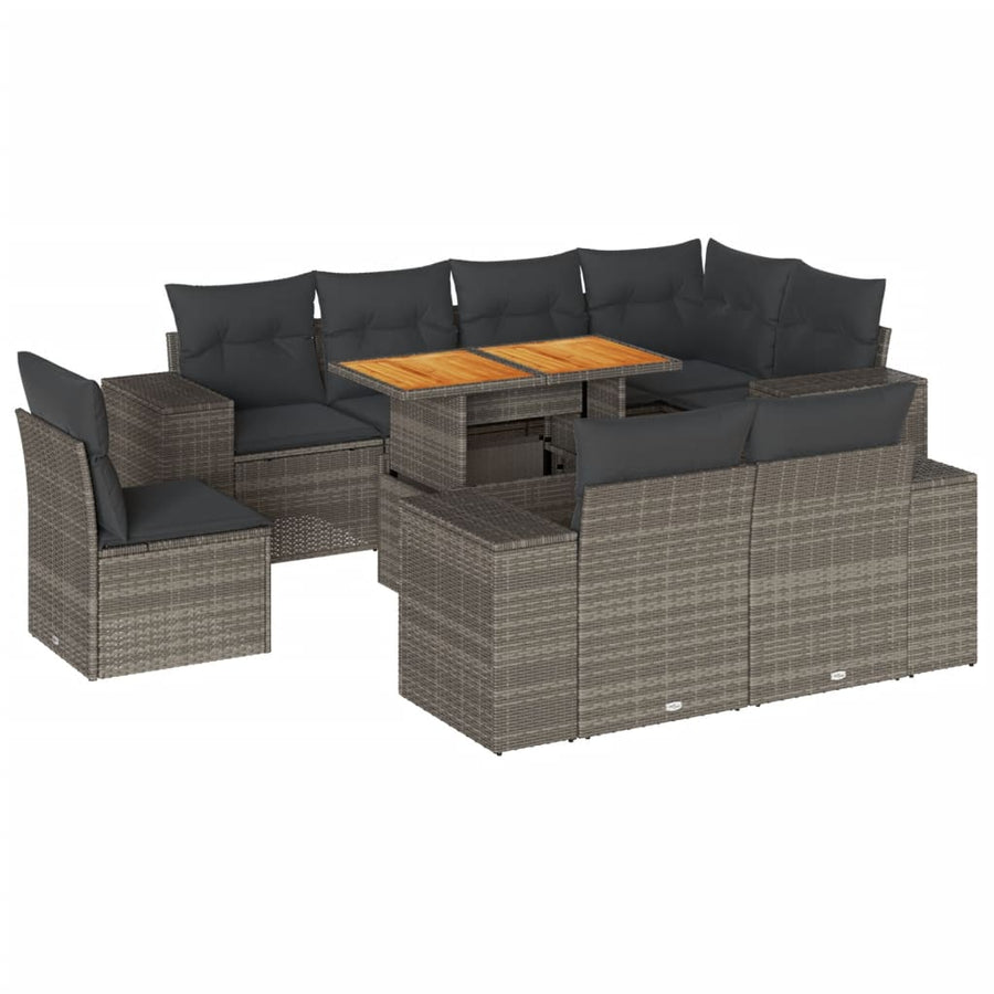 9-delige Loungeset met kussens poly rattan grijs