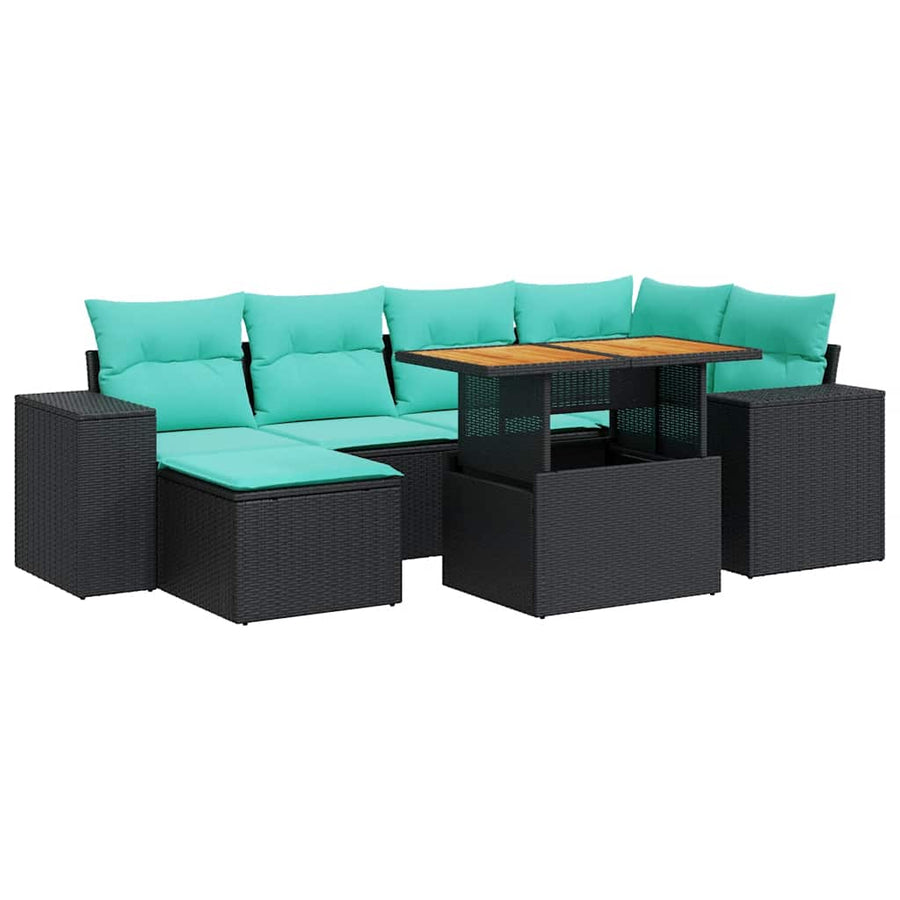 7-delige Loungeset met kussens poly rattan zwart