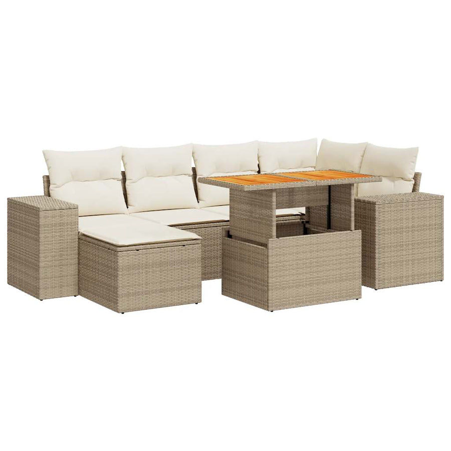 7-delige Loungeset met kussens poly rattan beige