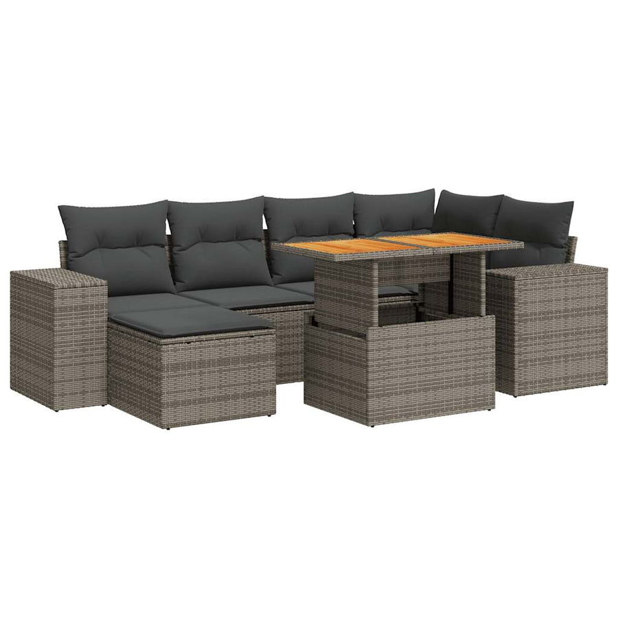 7-delige Loungeset met kussens poly rattan grijs