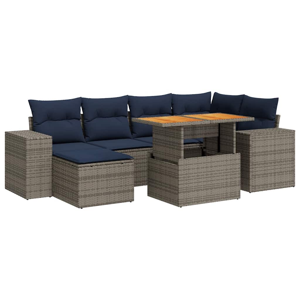 7-delige Loungeset met kussens poly rattan grijs
