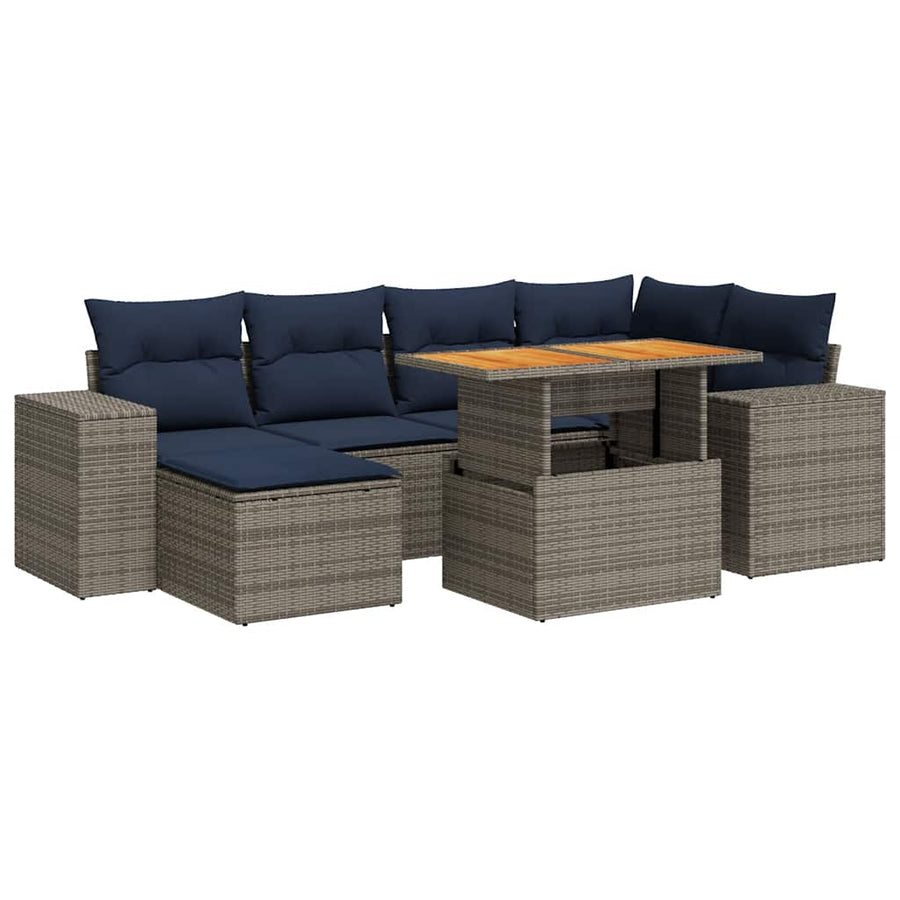 7-delige Loungeset met kussens poly rattan grijs
