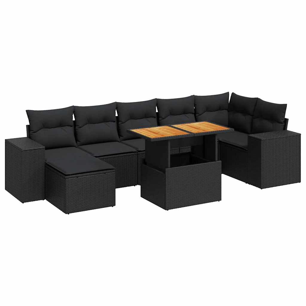 8-delige Loungeset met kussens poly rattan zwart