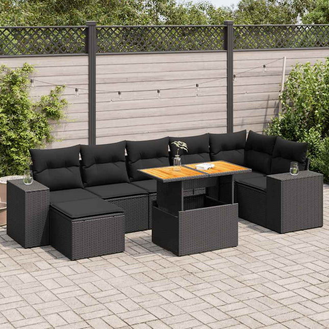 8-delige Loungeset met kussens poly rattan zwart