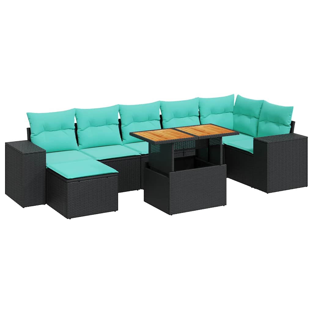 8-delige Loungeset met kussens poly rattan zwart