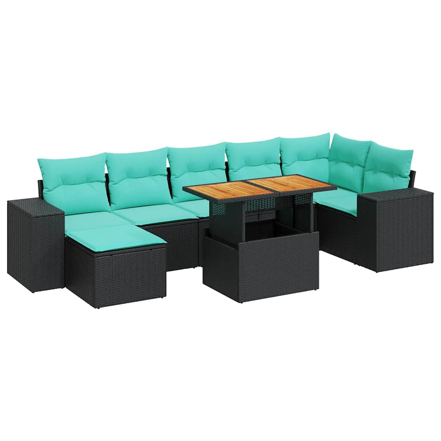 8-delige Loungeset met kussens poly rattan zwart