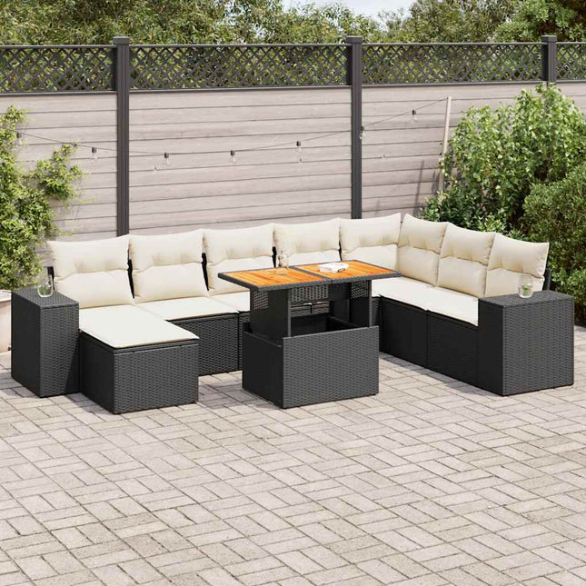 9-delige Loungeset met kussens poly rattan acacia zwart