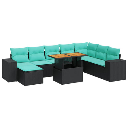 9-delige Loungeset met kussens poly rattan zwart