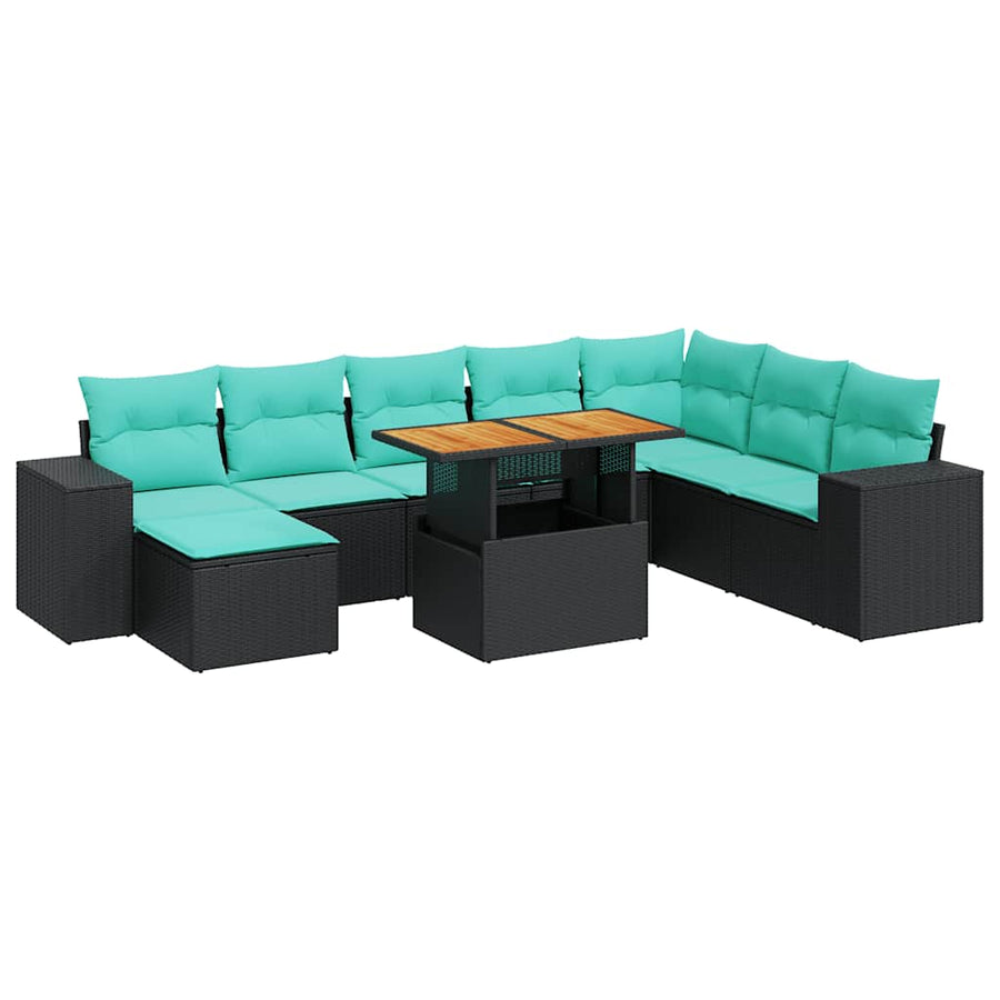 9-delige Loungeset met kussens poly rattan zwart