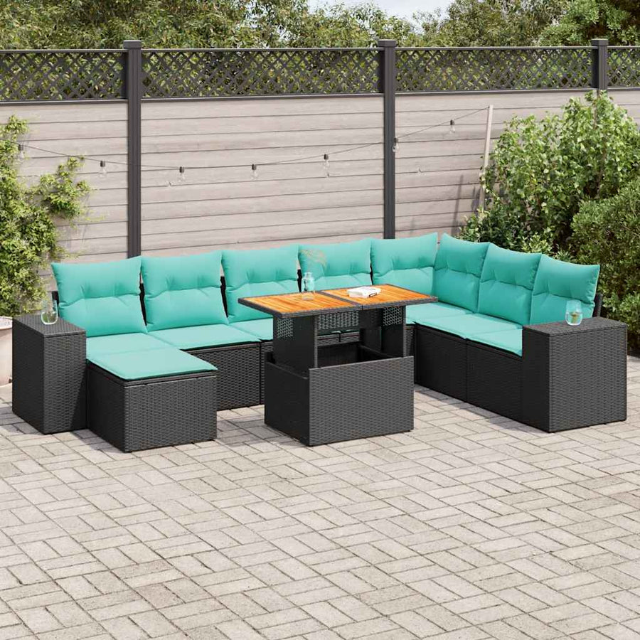 9-delige Loungeset met kussens poly rattan zwart