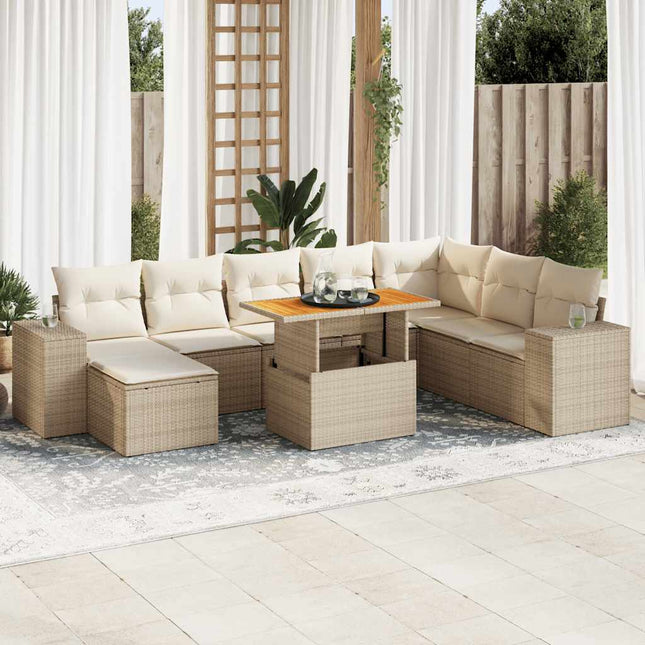 9-delige Loungeset met kussens poly rattan acacia beige