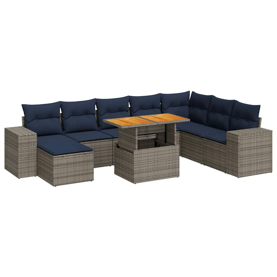 9-delige Loungeset met kussens poly rattan grijs