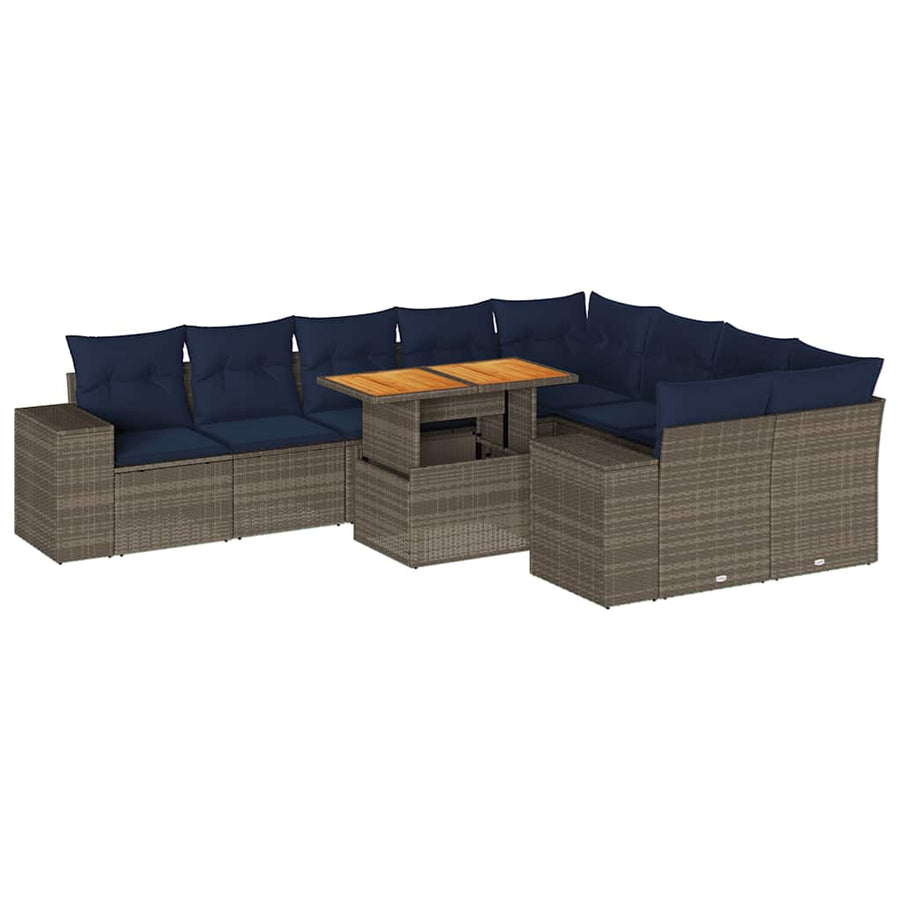 10-delige Loungeset met kussens poly rattan grijs