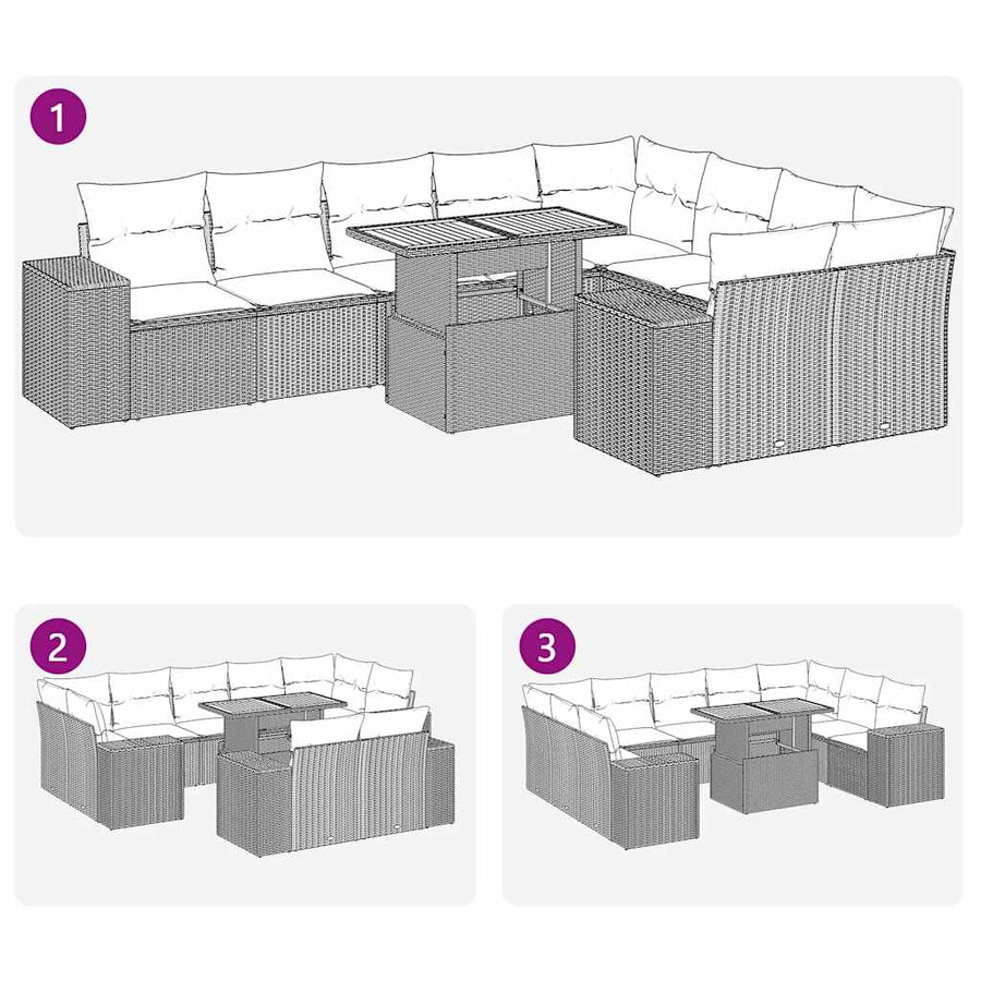 10-delige Loungeset met kussens poly rattan grijs