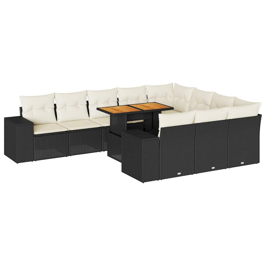 10-delige Loungeset met kussens poly rattan acacia zwart