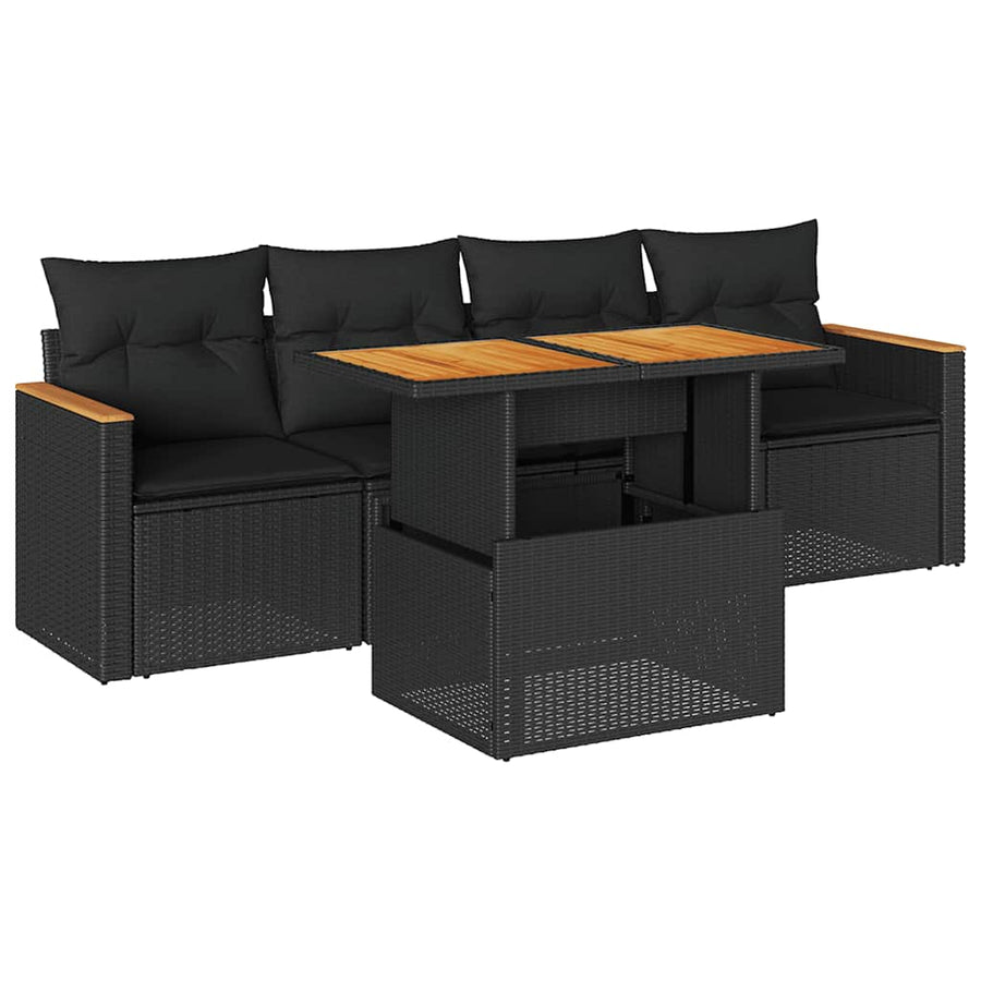 5-delige Loungeset met kussens poly rattan acacia zwart
