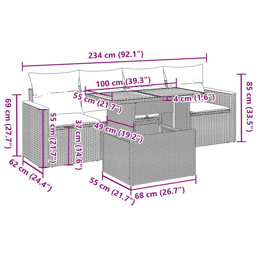 5-delige Loungeset met kussens poly rattan acacia zwart