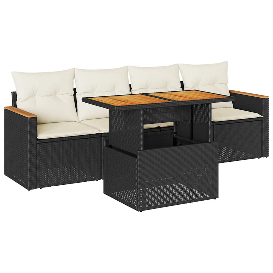 5-delige Loungeset met kussens poly rattan acacia zwart