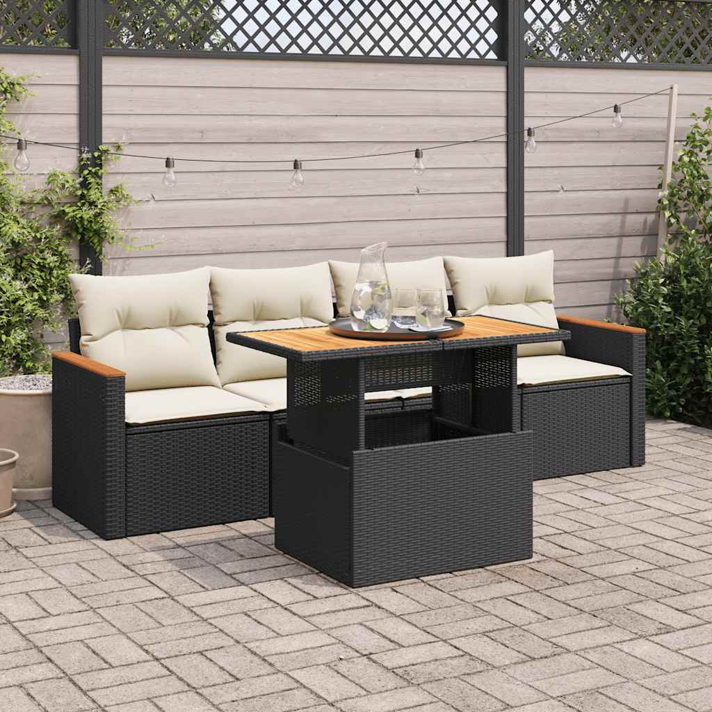 5-delige Loungeset met kussens poly rattan acacia zwart